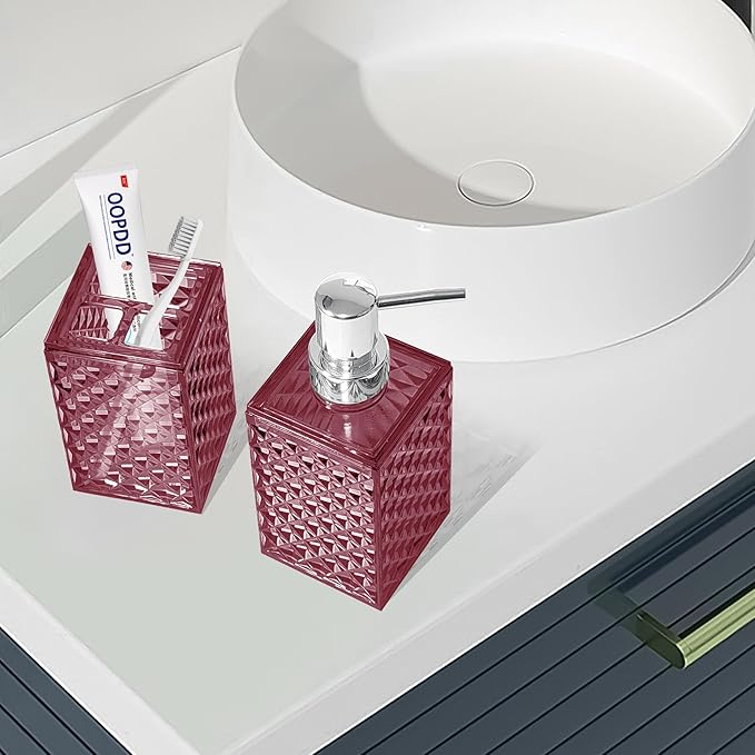 2PCS Burgundy Bathroom Accessories. Contain Soap Dispenser and Toothbrush Holder Set. Boho Bathroom Set for Blue Bathroom Décor