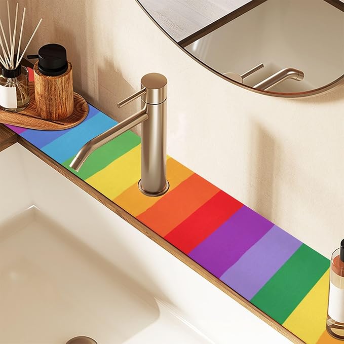 Kitchen Sink Splash Guard 1 PC 14.7 Inch Sink Faucet Mat Splash Guard for Bathroom Countertop Water Absorbent Foldable Cuttable Soft Washable Vibrant Colorful Stripes