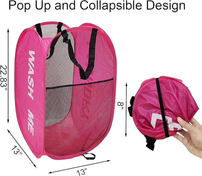 Collapsible Laundry Hamper 2 pack Mesh Pop Up Laundry Hamper with Handles, Foldable Laundry Basket for Bedroom, College Dorm, RV, Travel (Pink + Sky Blue)