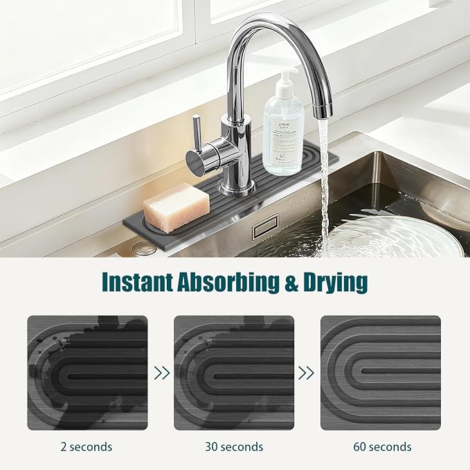 Stone Sink Mat for Kitchen - Water Absorbent Stone Tray, Quick Dry Faucet Mat, Kitchen Sink Splash Guard,Sink Mat & Base Faucet Mat for Counter Protection[Grey, 15.7"x3.9"]