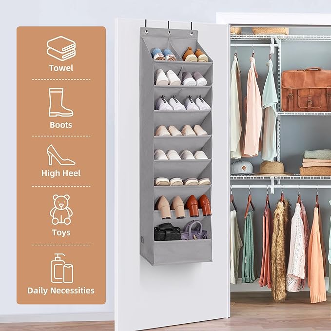 STORAGE MANIAC Over the Door Shoe Organizer Heavy-Duty Large Deep Pocket Hanging Shoe Organizer Shoe Rack Door Closet Shoe Organizer for Wall, Dorm & Narrow Door Storage Shoe Holder Grey, 2 Pack