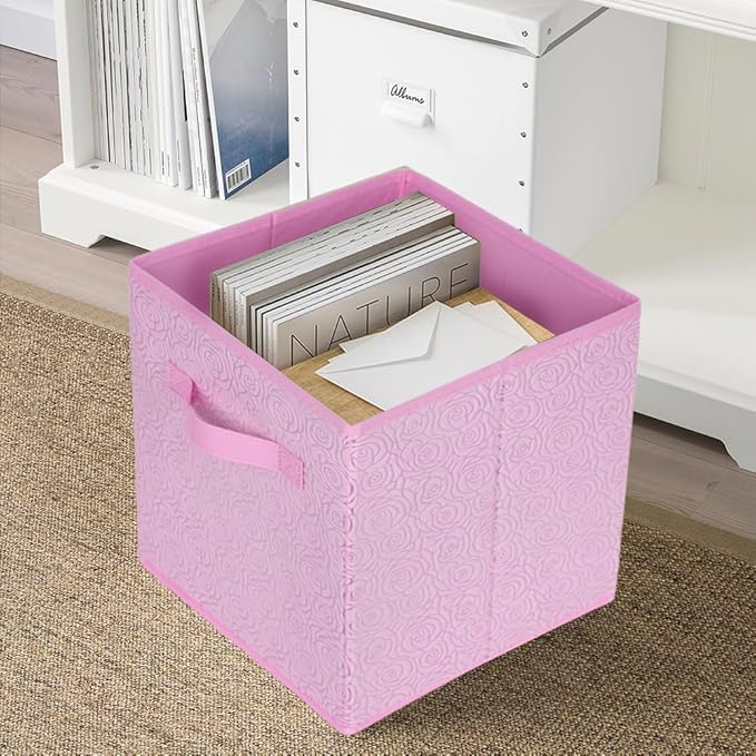 ShellKingdom Storage Bins, Foldable Fabric Storage Cubes with 3D Embossed Rose Pattern, Cloth Organizer Drawer For Closet And Toys, 10.5 X 10.5 X 11 inch, 2 Pack (Pink)