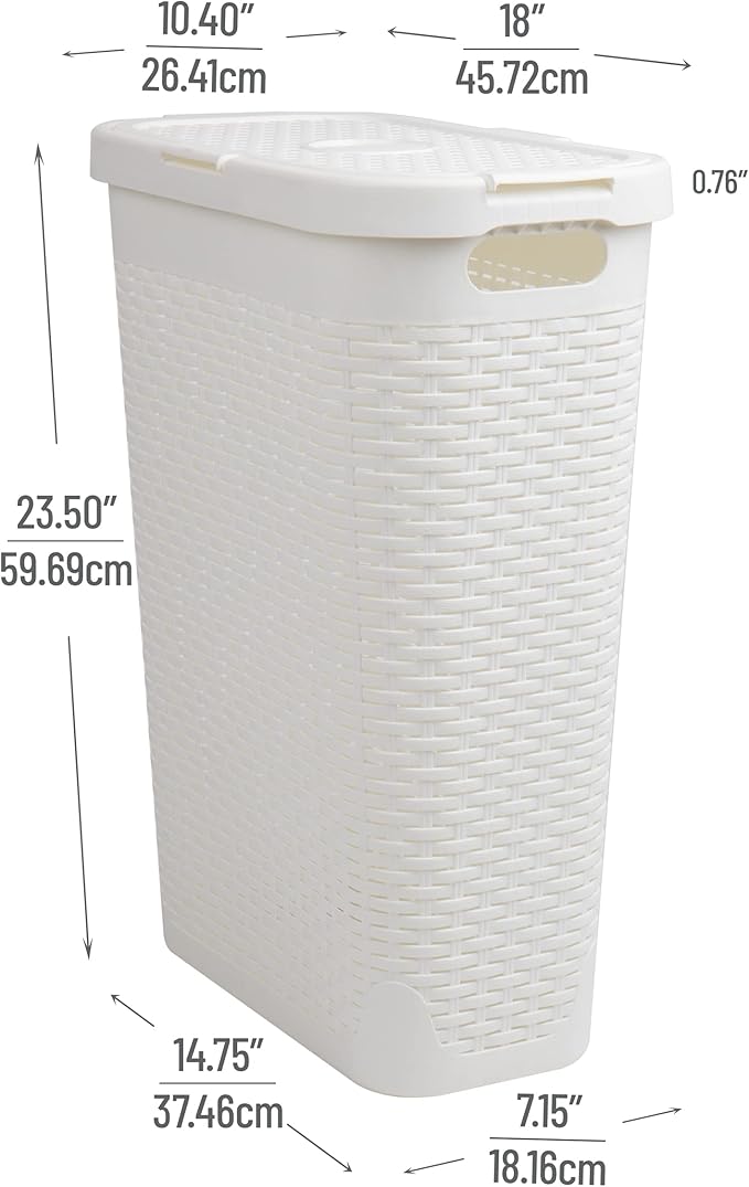 Mind Reader Slim Laundry Hamper with Lid, 40L Clothes Basket, Premium Wicker Design, Plastic, Set of 2, White