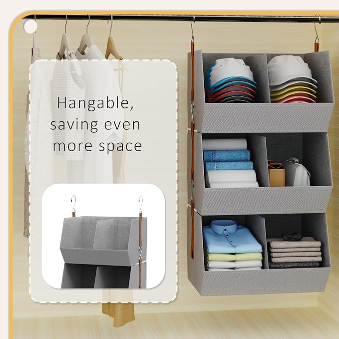 2 Pack,Hanging Closet Organizer 3 Tier,Disassemblable Clothes Hanging Shelves,Space-Saving Closet System, Fabric Storage Bins Bedroom Organization,Collapsible Baskets for Home, Dorm, Rv,Beige