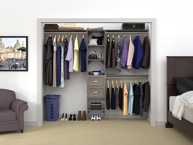 ClosetMaid SuiteSymphony Wood Closet Organizer Kit with Tower, 3 Hang Rods, Top Shelves, 2 Drawers, Adjustable, Fits Spaces 5-9 ft. Wide, Graphite Grey