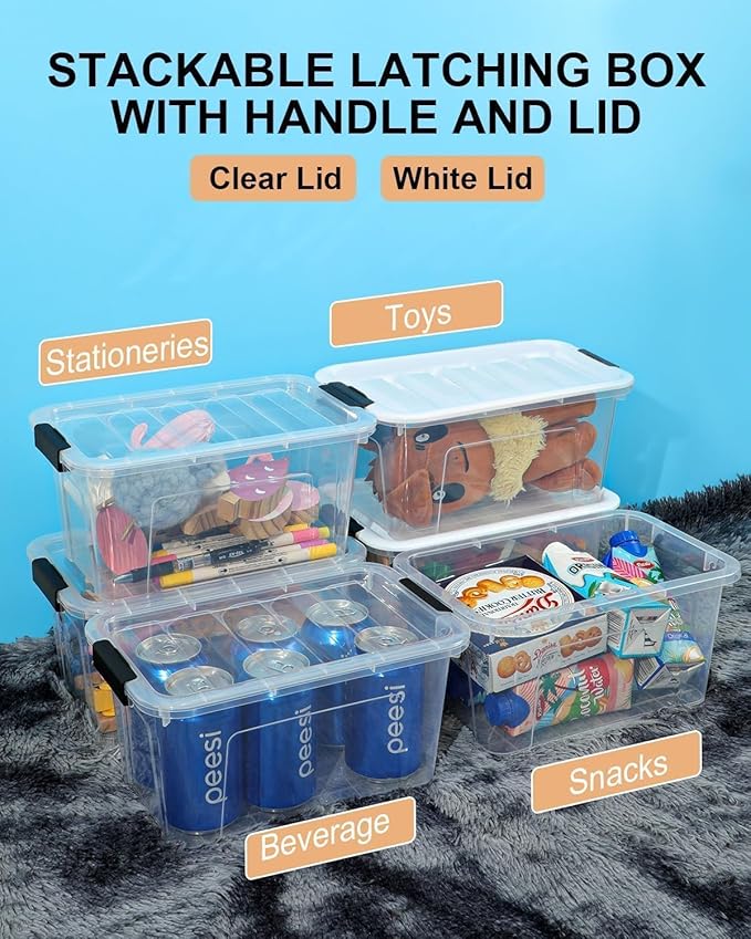 NUMIFUN Plastic Storage Bins with Lids 6 Pack, 7 Quart Storage Containers with Black Buckle Latch, Stackable Storage Containers for Home Pantry Office Classroom Organization, White