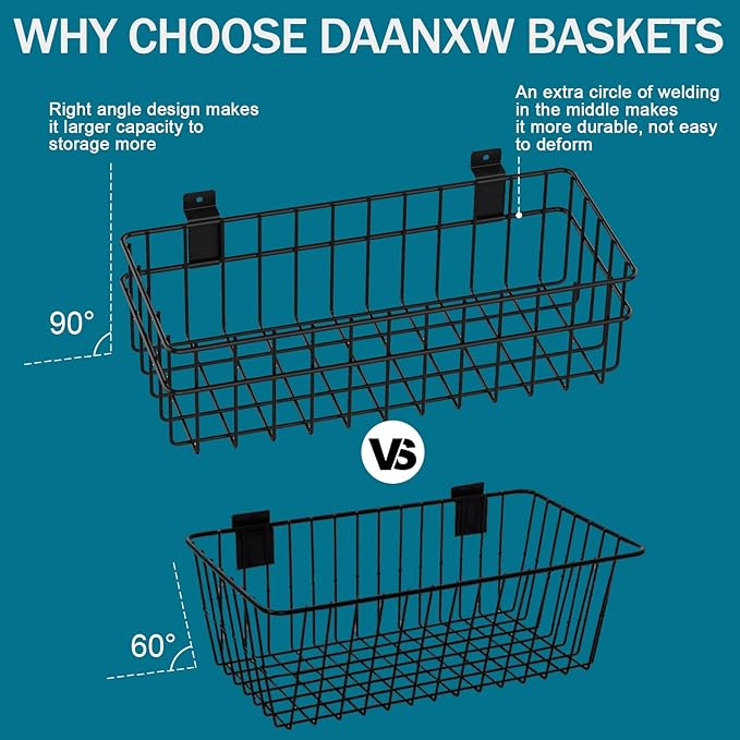 4 Pack Large Size Slatwall Baskets Set, Ventilated Metal Hanging Storage Slat Wall Basket, Mounted Slatwall Accessories for Garage Storage Organizing Display on Slatwall Panels bins (Black)