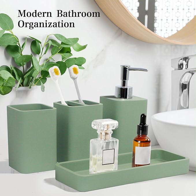 Bathroom Accessories Set, 4 Pcs Bathroom Accessory Set, Soap Dispenser, Toothbrush Holder, Qtip Holder Set, Bathroom Sets Complete, Bathroom Sink Set for Modern Home Decor,Green