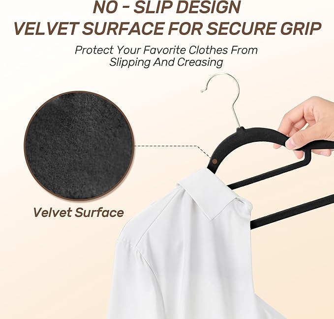 Velvet Hangers 30 Pack with Gold Hooks, Non-Slip Slim Felt Hanger for Clothes, Space Saving Heavy Duty Flocked Hangers for Dresses, Coats, Pants(Black)