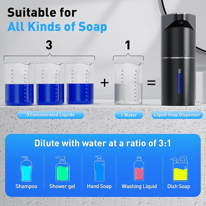 Automatic Soap Dispenser,Touchless Hand Wall Mount Rechargeable 3 Gear Adjustable Electric Soap Dispenser 350ml with Infrared Motion Sensor for Bathroom,Kitchen,Office, Black Gel
