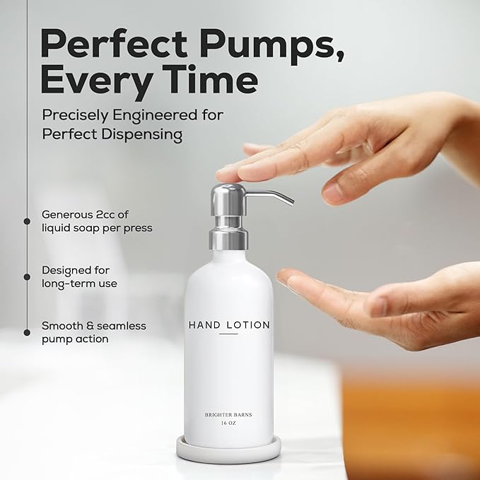 White Glass Lotion Dispenser with Pump Bathroom Set by Brighter Barns - Hand Lotion Dispenser Set with Tray - Modern Bathroom Accessories for Guest House, Hotel, Spa, Restaurant, Airbnb, Gift (White)