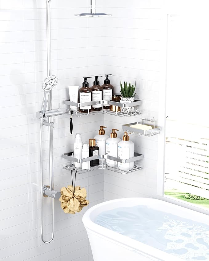 Corner Shower Caddy - 3-Pack Shower Organizer with Soap Holder & Built-In Hooks, Rustproof Metal Shower Shelves, Laundry, Kitchen, Bathroom Organizers and Storage Solution, Large, Silver