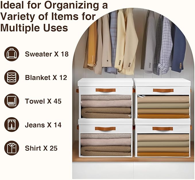 Large Storage Bins with Lids - 6 Pack Foldable Decorative Organizers with Clear Windows & Handles, Cube Storage Organizers for Clothes, Blankets, Sweaters, CD, White