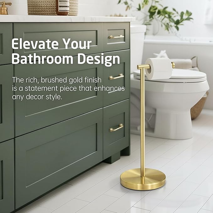 KES Gold Toilet Paper Holder Free Standing SUS 304 Stainless Steel Rustproof Pedestal Lavatory Tissue Roll Holder Floor Stand Modern Brushed Gold Finish, BPH283S1-BZ