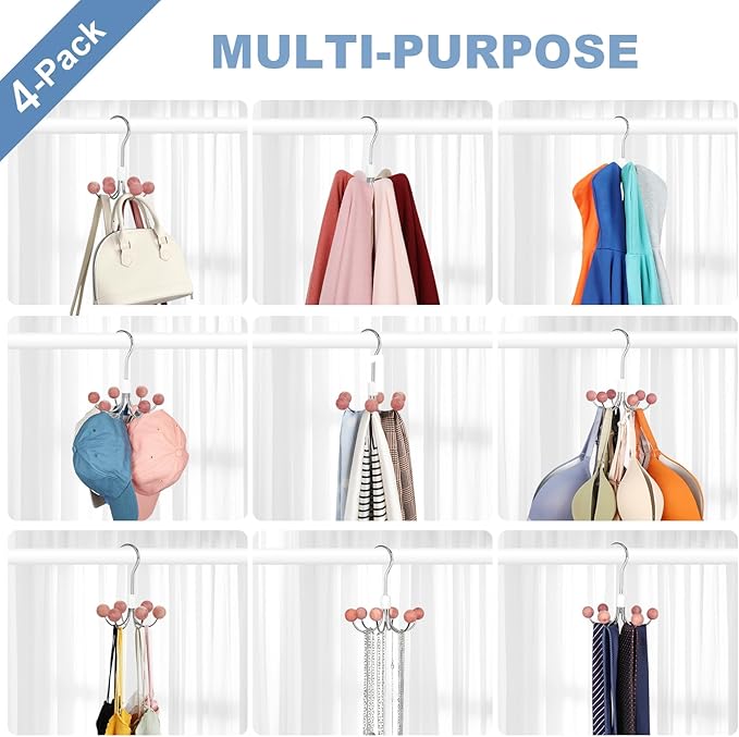 TOPIA HANGER Hoodie Hangers 4-Pack with 6 Cedar Balls, 360°Swivel Purse Hanger, Scarf Hanger, Closet Hooks, Handbag Organizer, Bra Hanger, Accessory Organizers for Scarf, Tanktop, Hat, Hoodie CT57C