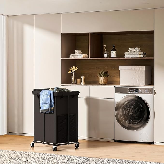 Large Laundry Hampers with Lid, Oxford Fabric Laundry Hampers, Metal Frame and Removable Bag Design with Wheels, Suitable for Bedroom, Bathroom, Dorm Room, Laundry Room (Black with Lid)