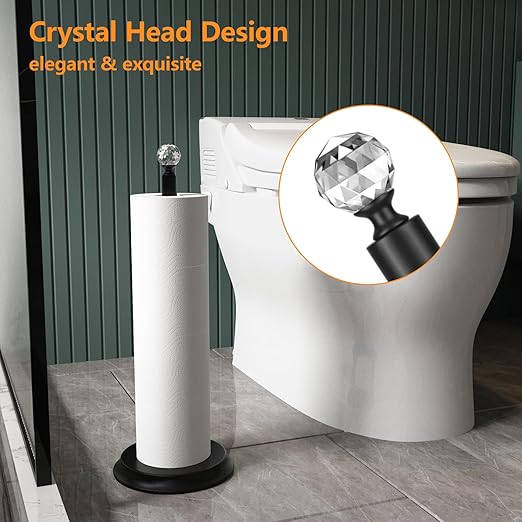 Metal Toilet Paper Holder Stand with Crystal Head - 4 Rolls Free Standing Bathroom Storage, Rustproof Space-Saving Design for Small Bathrooms (Black)
