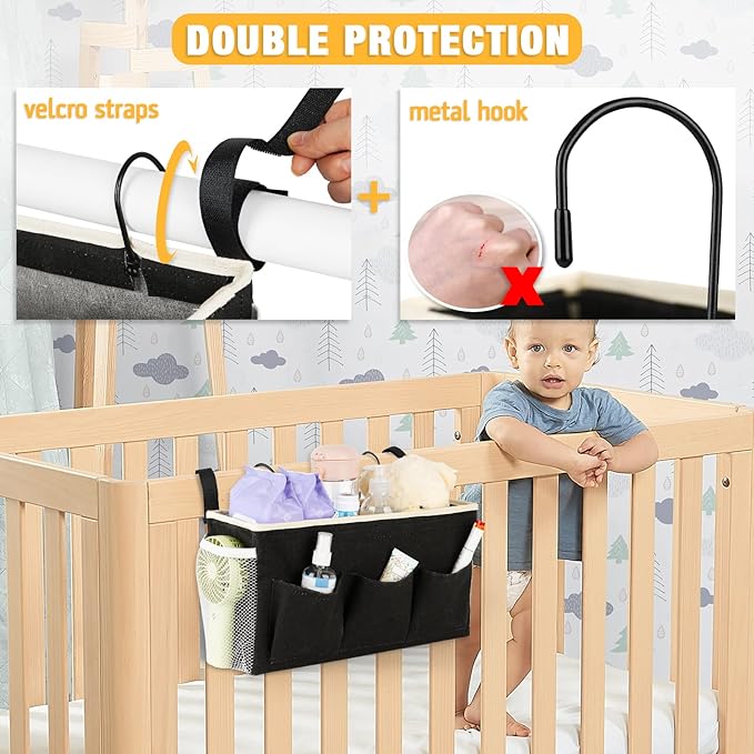 Lilithye Bedside Caddy Bedside Organizer Bedside Storage Caddy with Fixed Straps and Water Bottle Holder for Home College Dorm Bunk Bed Hospital Bed Crib Bed Rails (2pcs Black)