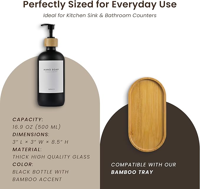 MaisoNovo Glass Hand Soap Dispenser | Dish Soap Dispenser for Kitchen | 16.9oz Black Bottles with Black Bamboo Pump | Bathroom Lotion Dispenser