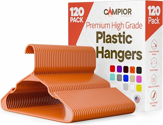 Plastic Clothes Hangers – Heavy Duty Hanger Set, for Organizing Clothes, Dresses, and Coat, Holds Up to 5 lbs, Space-Saving Hangers with Non-Slip Shoulder Grooves, Pack of 120, Orange