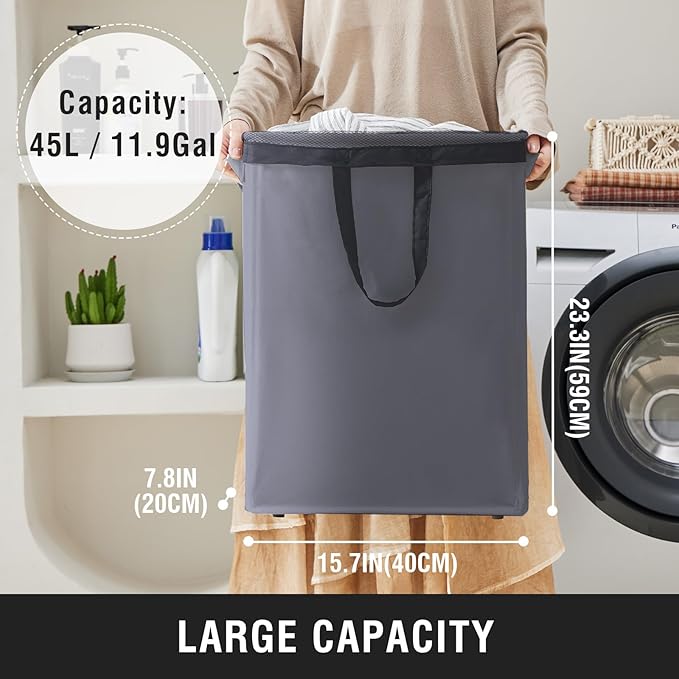 Slim Laundry Hamper with Removable Inner Bag and Side Handles, 45L Small Laundry Baskets to Store Clothes, Narrow Dirty Clothes Hamper for Laundry Room, Bathroom, Bedroom, and Living Room - Grey