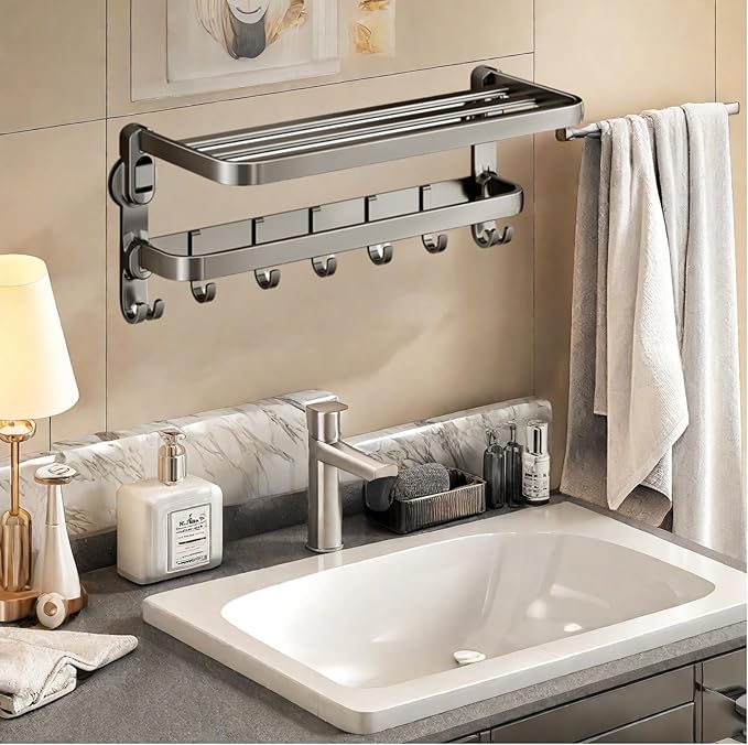 Aluminum Alloy Suction Cup Towel Rack, Bathroom Storage Shelf, No-Drill Mounting (Medium)