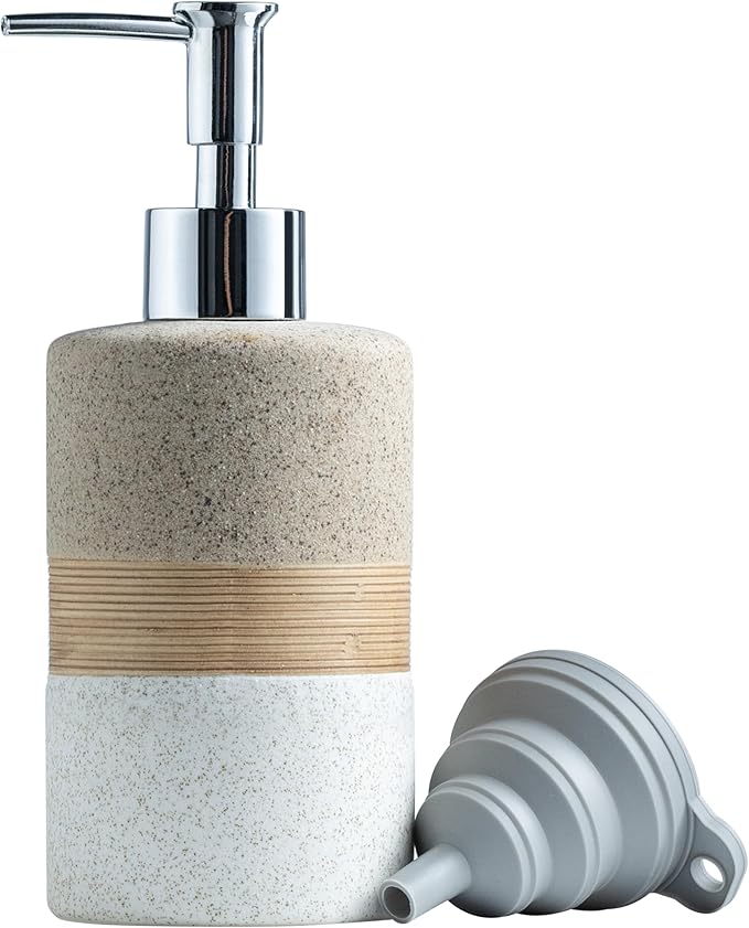 Ceramic Dish Soap Dispenser Set with Silicone Funnel, Hand Soap, Shampoo, Body Wash, Liquid Soap Dispenser for Kitchen and Bathroom, Stainless Steel Pump, Non Slip, 12 Oz