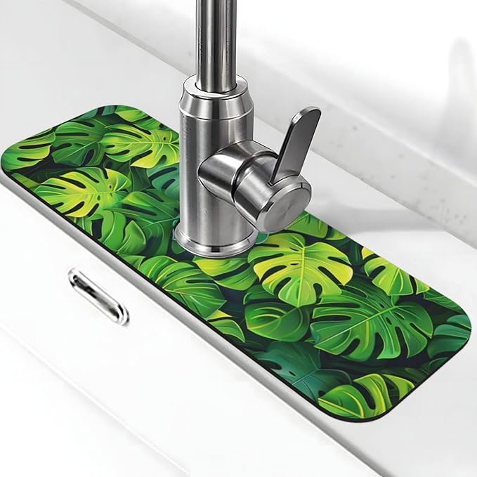Faucet Draining Mat For Kitchen Sink, Palm Leaves Tropical Diatom Mud Absorbent Drain Pad For Bathroom Kitchen Sink Splash Guard Drying Mat