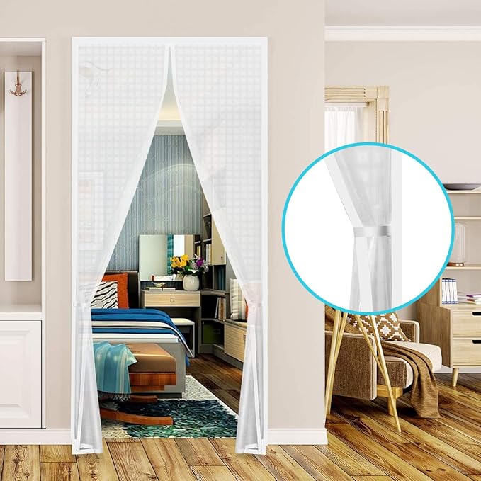 Insulated Curtain, Thermal Magnetic Self-Sealing EVA Screen Keep Cold Out, Auto Closer for Kitchen, Patio, Air Conditioner Room, Hands Free, Fits Doors up to 34" x 80", White