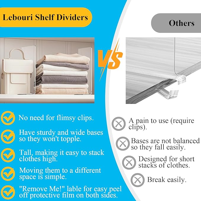 Lebouri Shelf Dividers for Closet Organization: 12" Tall x 10" Deep Acrylic Closet Shelf Dividers for Clothes Sweater Purse - Free Standing Clear Separators for Shelves