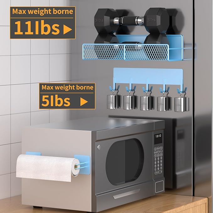 Magnetic Spice Rack for Refrigerator, 10 Pack Metal Magnetic Shelf, Moveable Spice Organizer with Hook Rack, Paper Towel Holder, Kitchenware Holder, Strong Magnetic Storage Fridge Organizer Blue