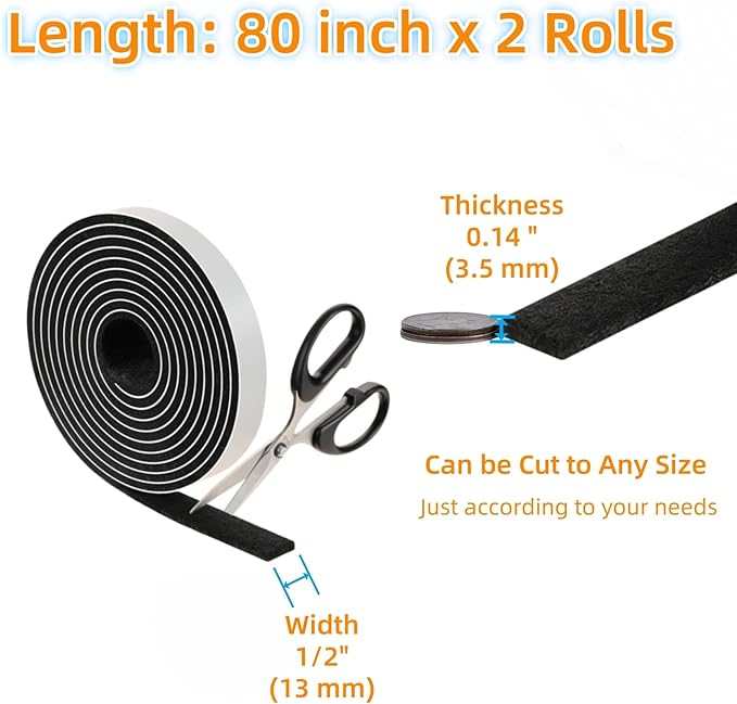 Furnigear Felt Strips with Adhesive Backing Heavy Duty Cuttable Felt Tape Roll Furniture Pads for Chair Legs - Protecting Hardwood Floors, Chair Wall Protector (Black, 80 x 0.5 x 0.14 Inch)