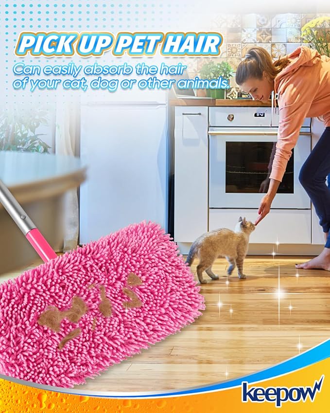 KEEPOW Pink Reusable Dry Sweeping Cloths Microfiber Wet Mop Pads Compatible with Swiffer Sweeper Mop Replacement Sweeping Mopping pad Refills for Hardwood Surface Floor Cleaning (6PCS)