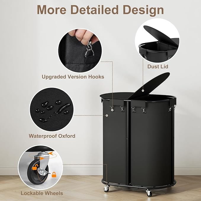 Chrislley 200L Double Laundry Hamper with Wheels and Lid, Large Oval Rolling Laundry Basket 2 section, Laundry Cart with Removable Bags and Iron Frame, Dirty Clothes Hamper for Home, Dorm, Black