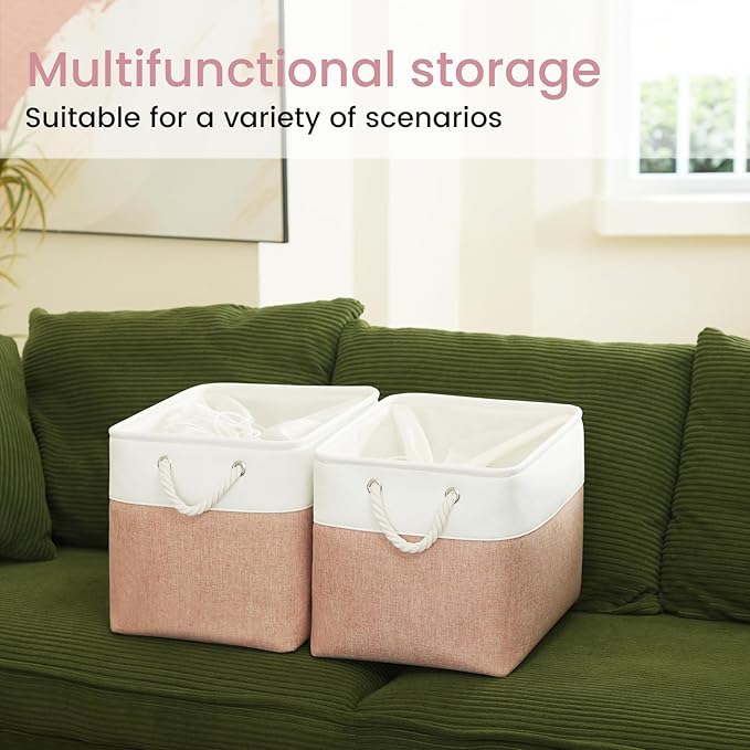 Large Storage Baskets- 16x12x12 inch Storage Bins for Shelves and Closet Organizing, Foldable Fabric Bin for Home Organization Clothes and Laundry (1-Pack, White&Pink)