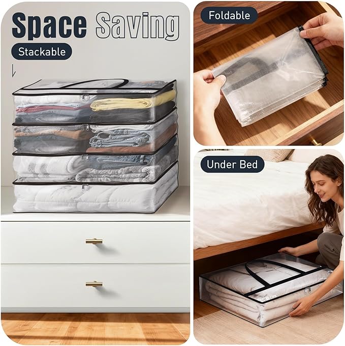 Clear Under Bed Storage Containers - 6 Pack Large Capacity Clothes Storage Bags with Lid & Sturdy Handles, Foldable Moving Bags, Clothing Organizer Totes for Bedding, Comforter, Sheet（60 L）