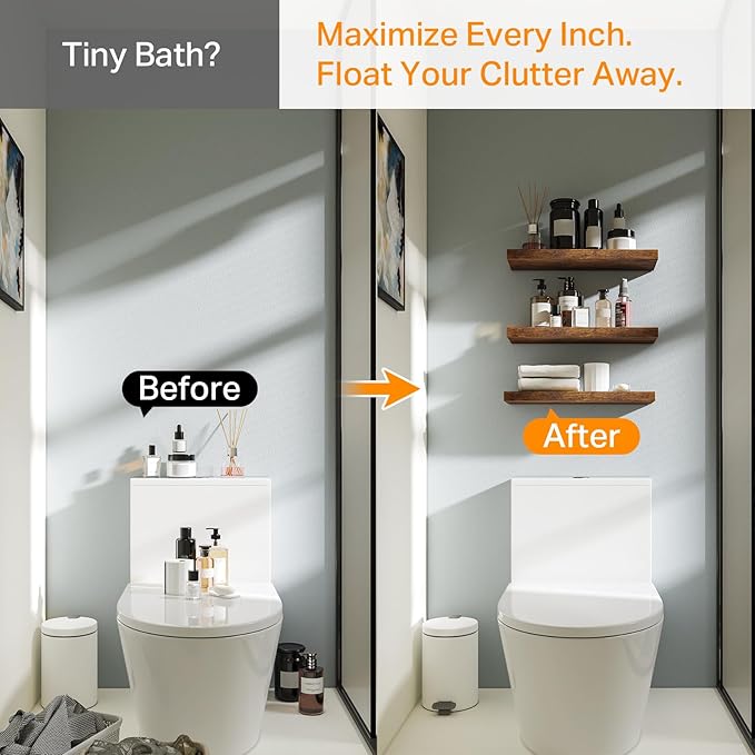 BAYKA Floating Shelves Bathroom for Wall – Shelf Over Toilet Farmhouse Rustic Wood for Bedroom, Kitchen, or Living Room Decor Organization, Christmas Decor Shelves – Rustic Brown, Set of 3