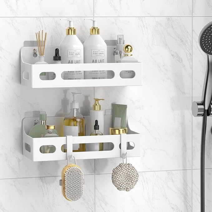 Shower Caddy Adhesive, No Drill Bathroom shower Organizers, with Removable Hooks, Rust Proof Shower Shelves, Self Adhesive Black Bathroom Shelves Basket Home Farmhouse Wall Inside Organization