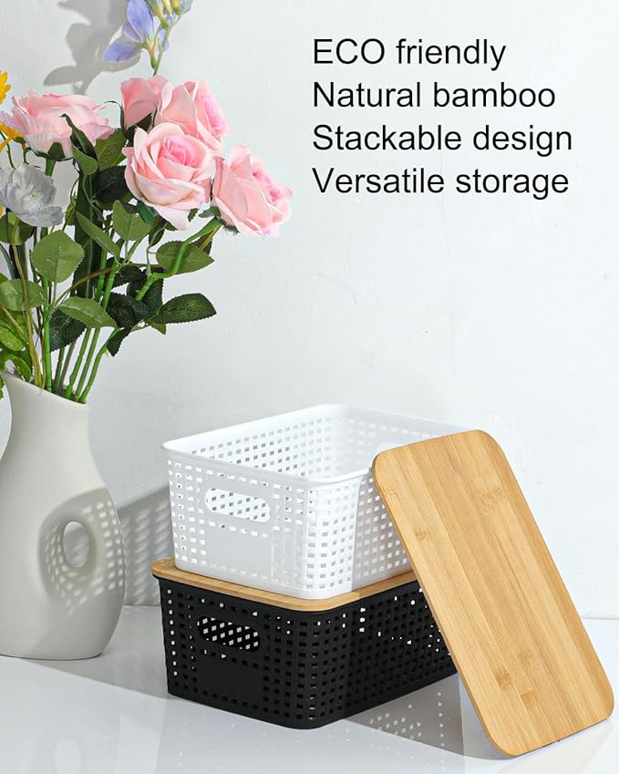 Storage Bins with Bamboo Lids, 6 Pack Plastic Storage Baskets and Storage Containers, Storage Baskets for Organizing Shelves Drawers Desktop Closet Playroom Classroom Office Home, Black