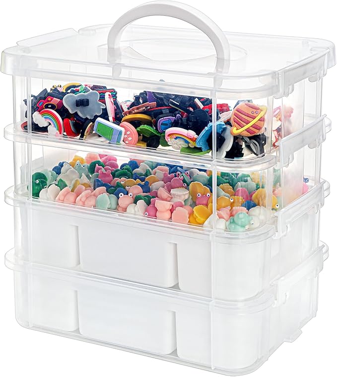 Foraineam 4-Tier Clear Storage Bins With 2 Divided Trays, Stackable Carry Storage Box Container, Plastic Lidded Organizer Case With Handle for Beads, Tools, Arts & Crafts, Sewing, Office Supplies