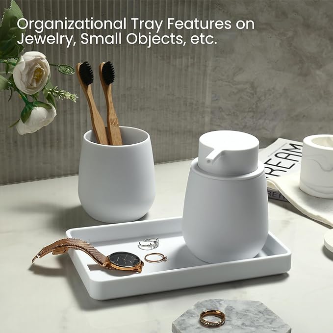 Bathroom Accessories Set, Modern 3 Pcs Bathroom Essentials - Soap Dispenser, Toothbrush Holder & Tray, Countertop Vanity Organizer (White)