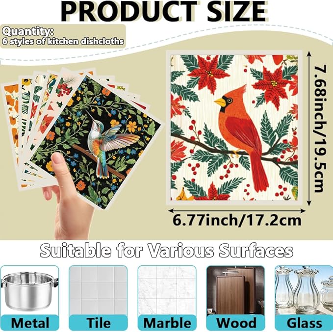 6Pcs 6 Styles Bird Swedish Dishcloths for Kitchen 7.7 x 6.8 Inch Reusable Quick Drying Sponge Bird Dish Cloths Bulk Biodegradable Absorbent Towels for Home Countertop Tableware Cleaning Use