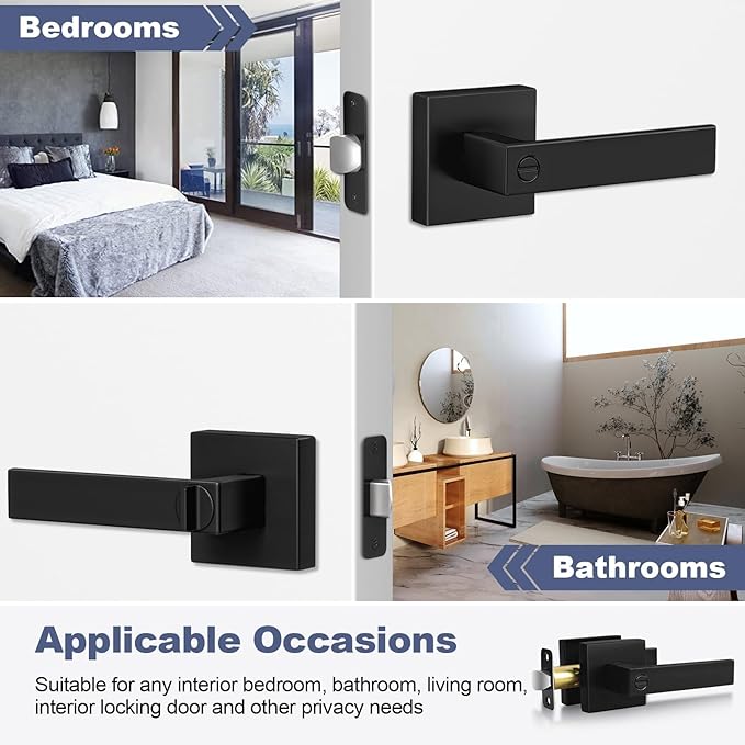 Estmoon 5 Pack Matte Black Door Handles Interior Door Knobs, Home Improvement Keyless Privacy Door Lock, Heavy Duty Zinc Alloy 2.07 lb Door Leverset for Bedrooms Bathrooms