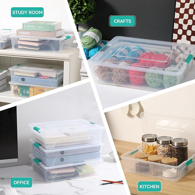 novelinks Clear Stackable Storage Bins with lid Storage Boxes Durable Plastic Organizer Containers for Home Office, Kitchen, Craft Supplies (10 Quart 4 Pack Green)