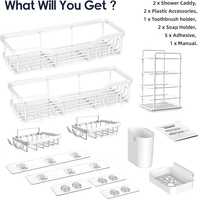 Shower Caddy Adhesive Shower Organizer 7-Pack, Rustproof Stainless Steel Bathroom Shelves, Large Capacity No-Drill Rack Storage Accessories with Soap Dish Toothbrush Holder Hooks