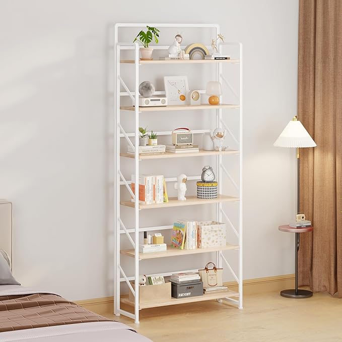 JSB Folding Bookshelf,Industrial Storage Shelves, No Assembly Vintage Wood Look Bookshelf with Storage Shelves for Living Room, Bedroom, Office (White, Wide 6-Tier)