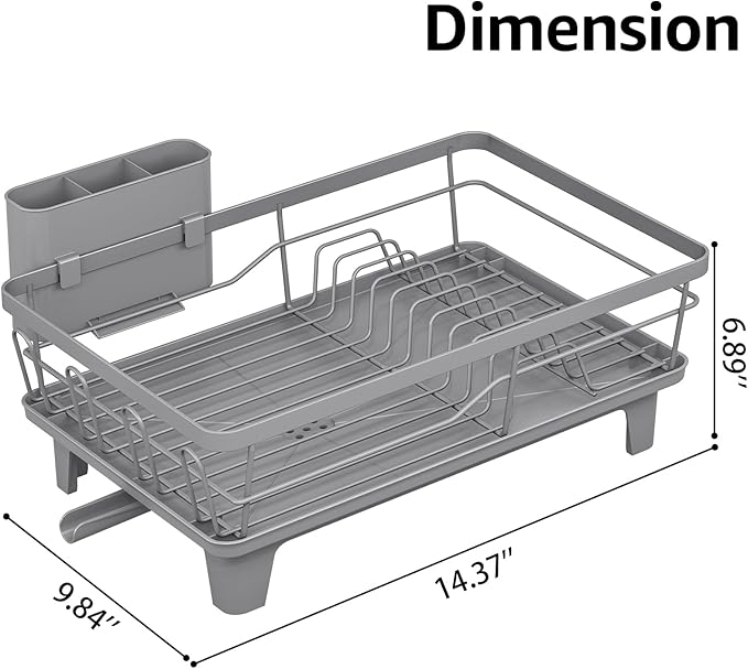 Dish Drying Rack for Kitchen Counter, Sink Dish Rack with Drainboard, Large Dish Drainer with Cups Holder, Home Countertop Plate Dryer Storage Rack with Cutlery Holder, Gray
