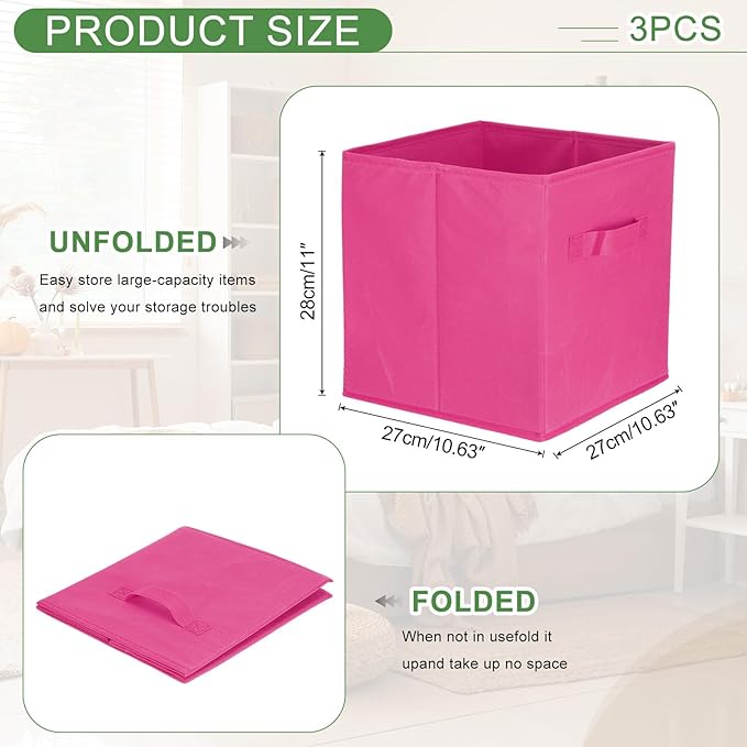 uxcell 3Pcs Fabric Storage Bins, 11 Inch Cube Storage Bin Foldable Storage Cube Organizer Bins with Handles for Shelf Closet, Nursery Home, Bedroom(Rose Red)