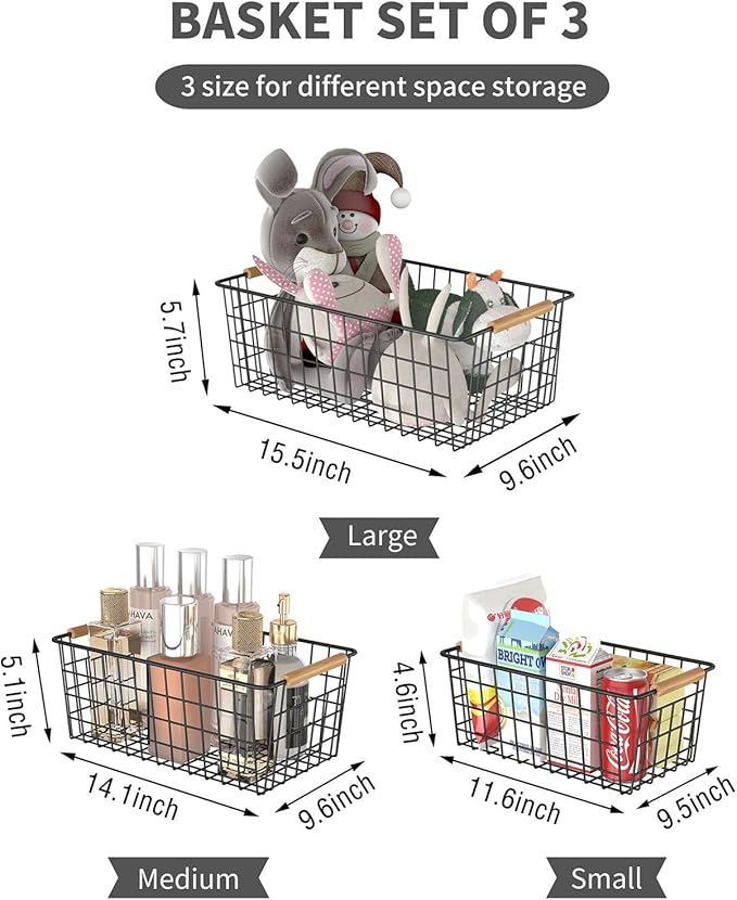 Wire Storage Baskets with Wooden Handles, 3 Pack Metal Organizer Baskets for Kitchen, Pantry, Freezer, Laundry,Farmhouse,Bathroom Baskets for Organizing,Black (1 Small, 1 Medium, 1 Large)