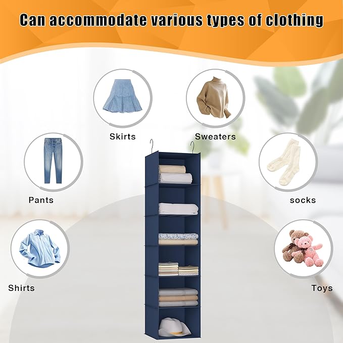 Hanging Closet Organizer and Storage 6-Shelf, Easy Mount Foldable Hanging Closet Wardrobe Shelves, Clothes Handbag Shoes Accessories Storage, Washable Oxford Cloth Fabric, Navy Blue